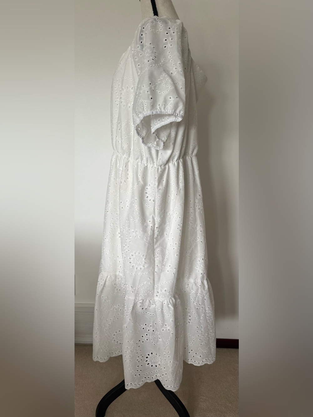 Cottagecore Boho White Eyelet Midi Maxi Dress Puff Sleeve Coastal Praire Modest - Picture 7 of 14